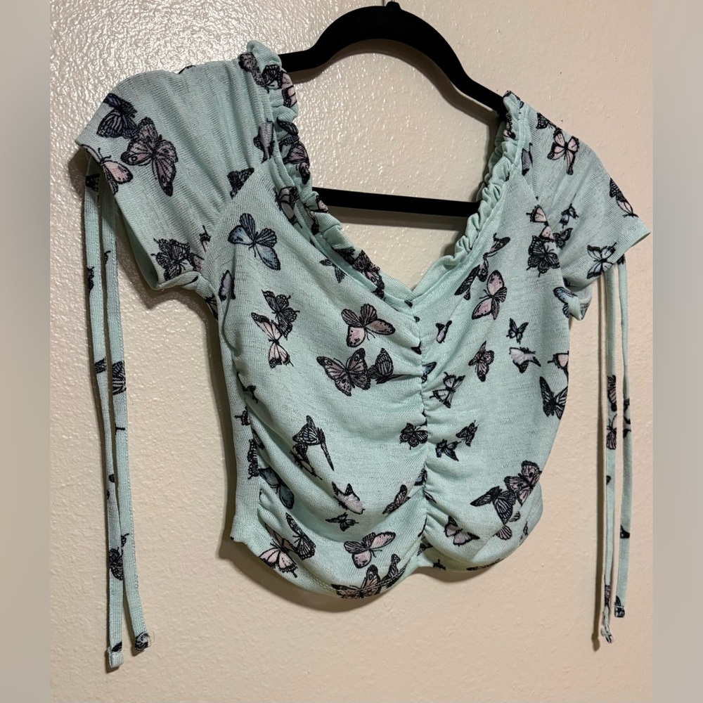 Almost Famous Mint Butterfly Crop Top | Size M | Y2K Ruched Tie Top - Picture 4 of 4